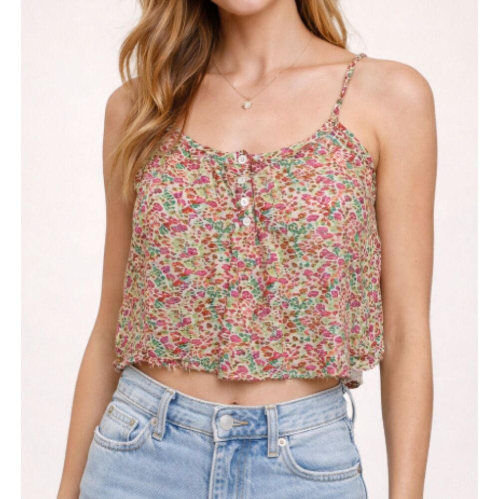 I LOVE H81 Floral Crop Tank Top Small Spaghetti Strap Button Front Pink Green